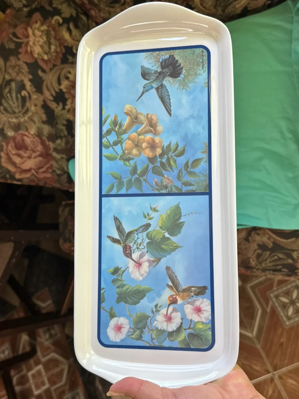 Hummingbird melamine Serving Tray in Teal and White 14.5”x6”